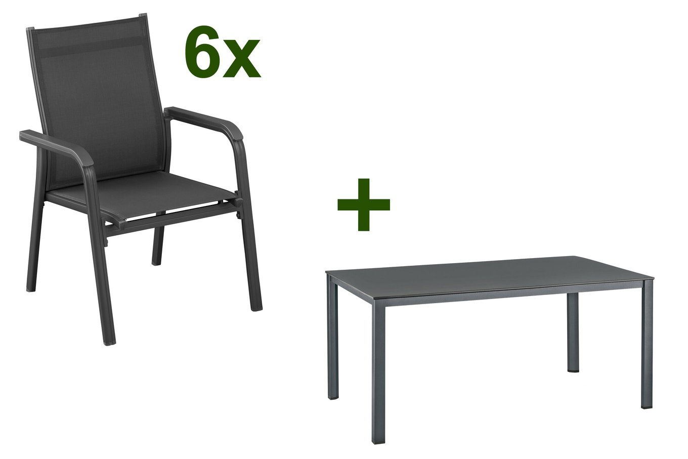 Kettler zestaw stołowy, antracyt/antracyt, stół obiadowy Kettalux-Plus 160x95cm, 6 krzeseł sztaplowanych BasicPlus 13701__1