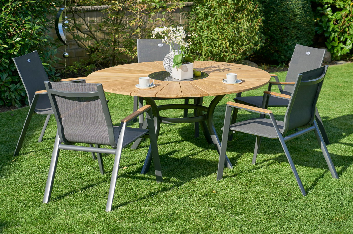 HARTMAN Provence / Aruba Zestaw jadalniany ogrodowy, xerix/antracyt, Alu/Drewno tekowe, 5 krzeseł sztaplowanych, Ø150cm, z chłodziarką do lodu 21192__1