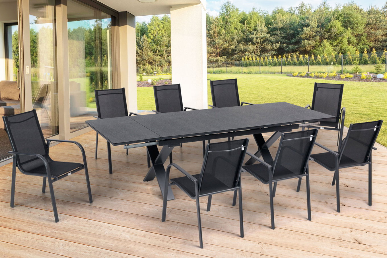 OUTFLEXX Zestaw jadalniany ogrodowy, OUTFLEXX® antracyt matowy, Aluminium / Spraystone / Textil, Stół 180/280x100cm, 8 krzeseł, sztaplowalny 22144__1