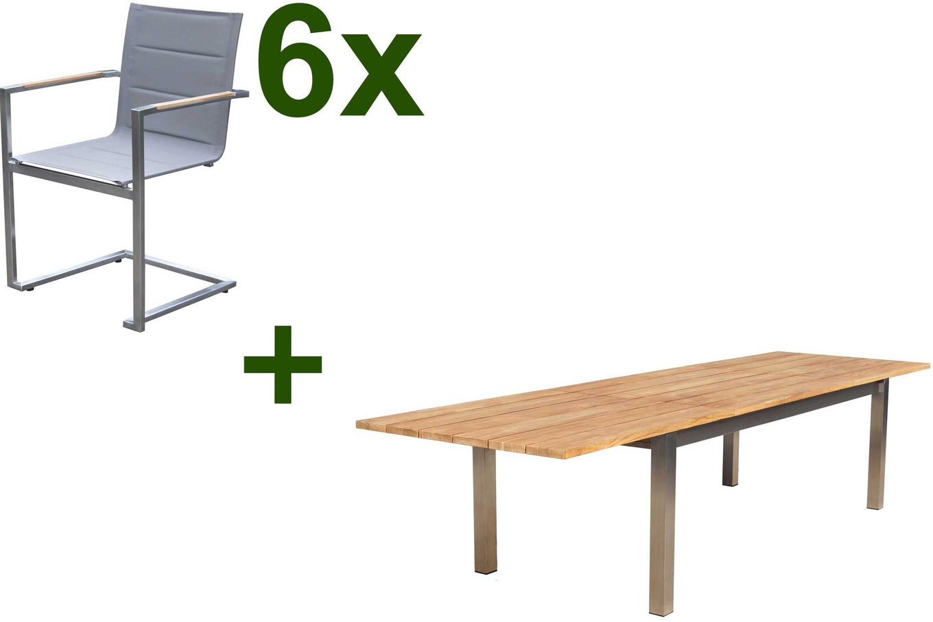 OUTFLEXX Ogrodowy zestaw jadalniany, stal nierdzewna/teak, 220/340 x 100 cm, 6 foteli bujanych, srebrny, grubość blatu 3cm, produkt z certyfikatem FSC® 17320__1