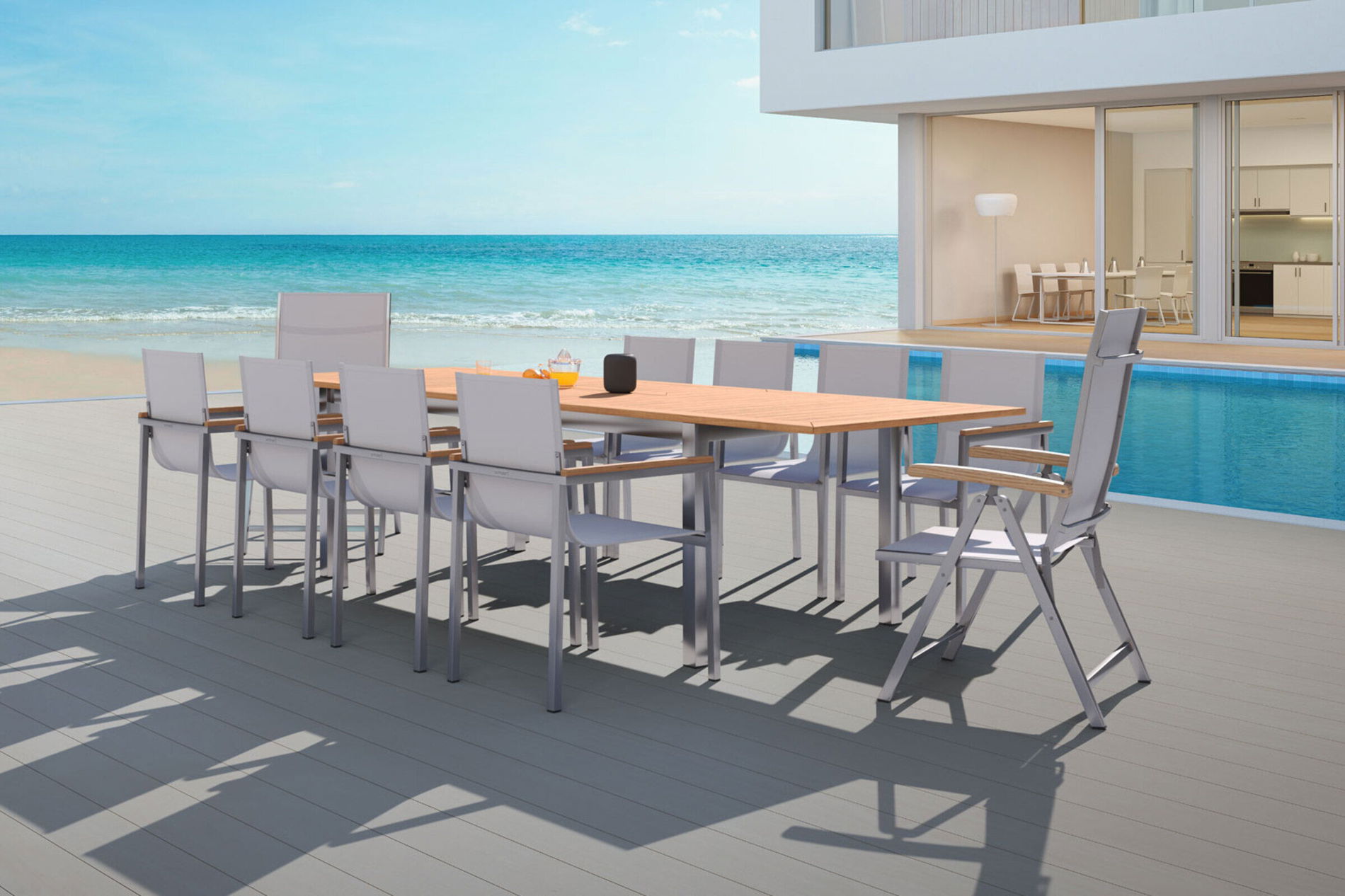 OUTFLEXX Zestaw ogrodowy, taupe, 200/300 x 100 cm, stal nierdzewna/teak, stół rozkładany, 8 krzeseł do sztaplowania, 2 krzesła składane, produkt certyfikowany FSC® 14155__1