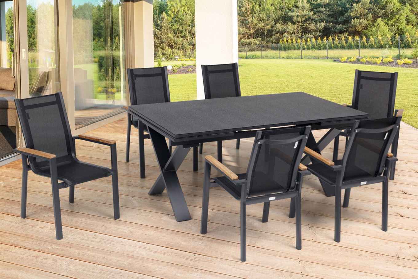 OUTFLEXX Ogrodowa grupa jadalna, OUTFLEXX® antracyt matowy, Alu / Spraystone / Teak, Stół 180/280x100cm, 6 Foteli składanych 22127__1