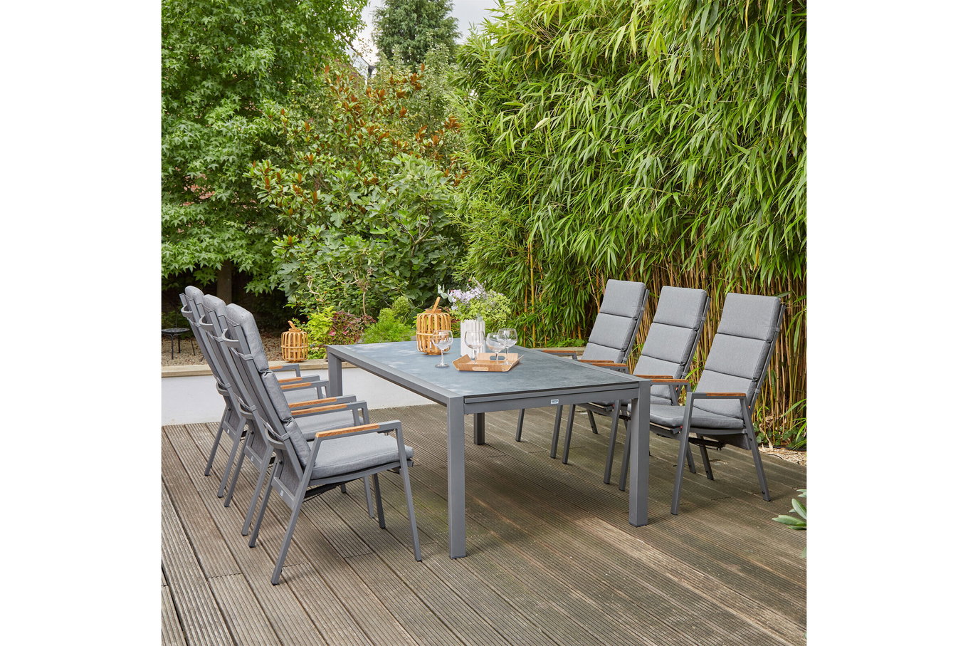 SIENA GARDEN Savona/Kingston Zestaw jadalny ogrodowy, matowy grafit/szary/wygląd łupka, Alu/Teak/Ceramika/Texfabric, Stół 220/340x108 cm, 6 Krzeseł składanych 22047__1