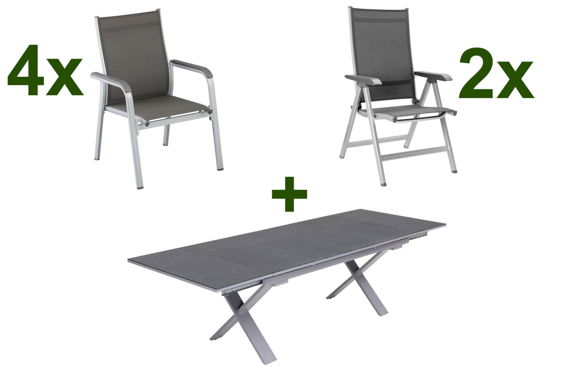 KETTLER BasicPlus Zestaw jadalniany ogrodowy, srebrny / antracytowy, Alu / Spraystone / Textil, Stół 180/280 x 100 cm, 4 fotele sztaplowane, 2 krzesła składane 23013__1