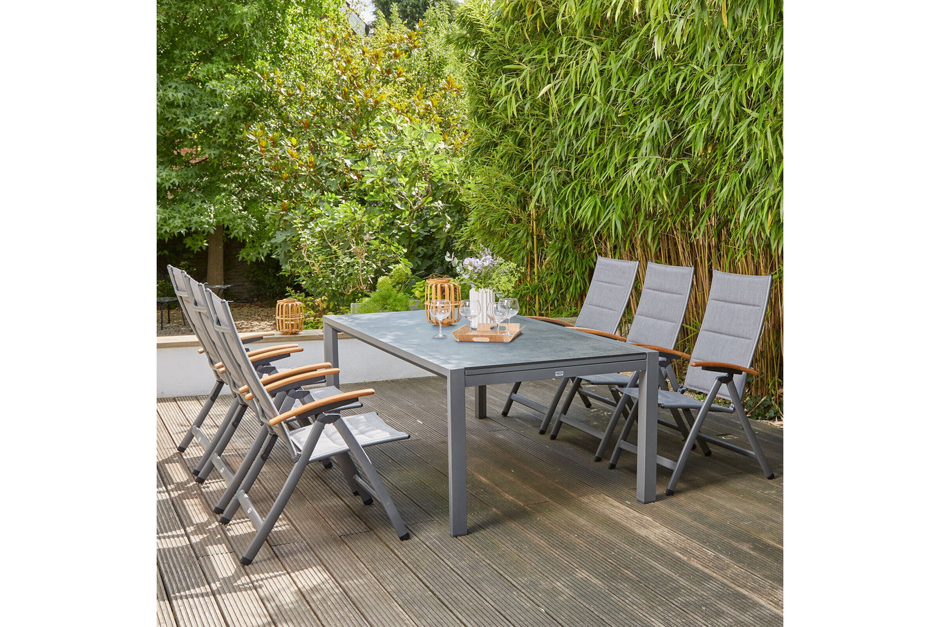 SIENA GARDEN Savina XL/Kingston Ogrodowa grupa jadalniana, matowy grafit/szary, Alu/Teak/Texfabric, Stół 220/340x108 cm, 4 krzesła składane 22032__1