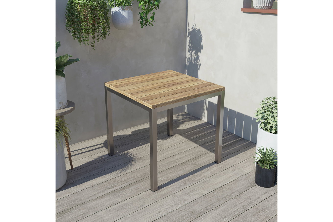OUTFLEXX Stół jadalny, srebrny/naturalny, stal nierdzewna/recyklingowane drewno tekowe, 90x90cm, rustykalnie szczotkowany, produkt z certyfikatem FSC® 15860__1