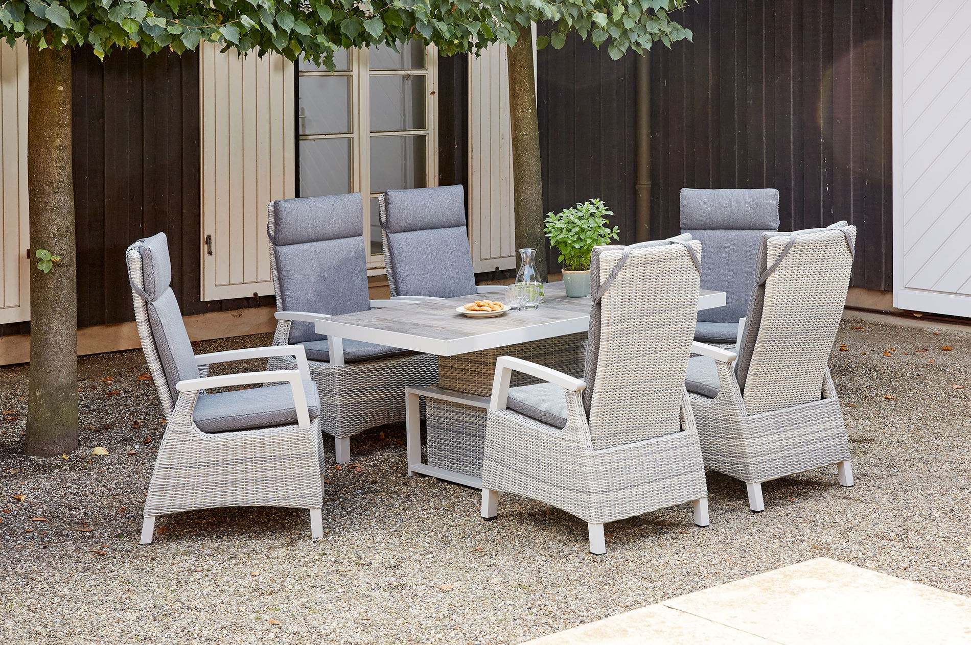 SIENA GARDEN Corido Garten-Essgruppe, ice grey, Alu / Gardino®-Geflecht, 6 Diningsessel, stufenloser Lifttisch 160 x 90 x 47-71 cm SIENA GARDEN Corido Garten-Essgruppe, ice grey, Alu / Gardino®-Geflecht, 6 Diningsessel, stufenloser Lifttisch 160 x 90 x 47-71 cm