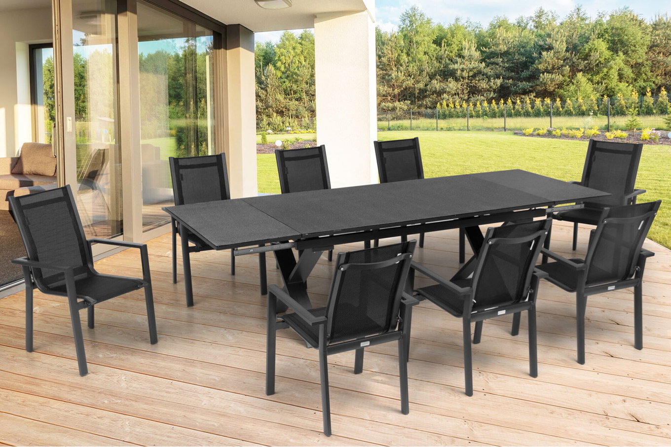OUTFLEXX Grupa jadalnia ogrodowa, OUTFLEXX® antracyt matowy, Alu / Spraystone / Textil, Stół 180/280x100cm, 8 Krzeseł sztaplowanych 22137__1