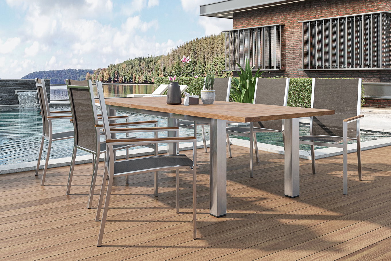 STERN Cardiff Ogrodowa grupa jadalna, srebrny/taupe, stal nierdzewna/recyclingowe drewno tekowe, stół 200/260 x 100 cm, 6 krzeseł sztaplowanych, produkt certyfikowany FSC® 19704__1