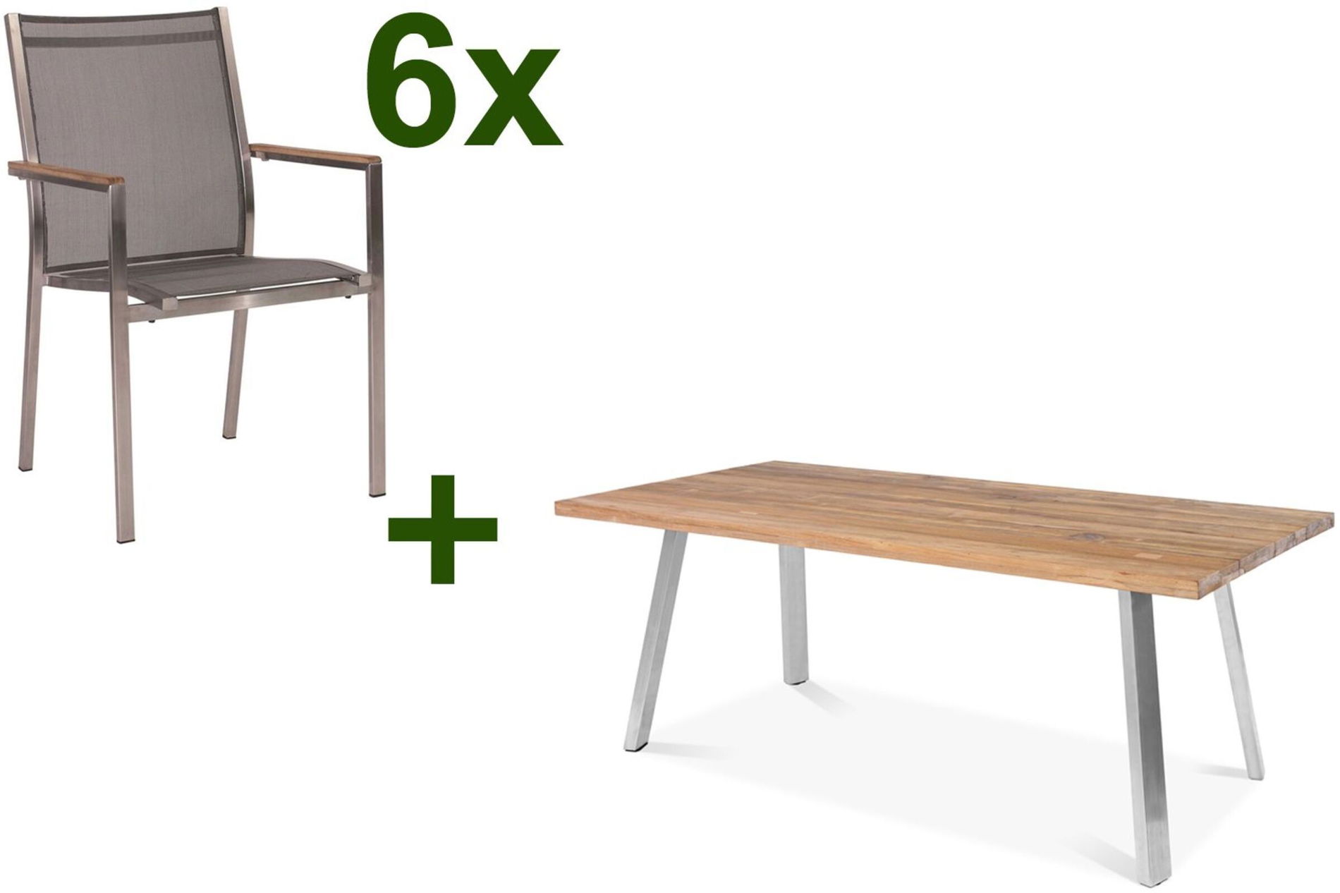 STERN Cardiff Ogrodowa grupa jadalna, srebrny/srebrnoszary, stal nierdzewna/recyclingowany teak, stół stelaż A 220 x 100 cm, 6 krzeseł sztaplowanych, produkt z certyfikatem FSC® 19765__1