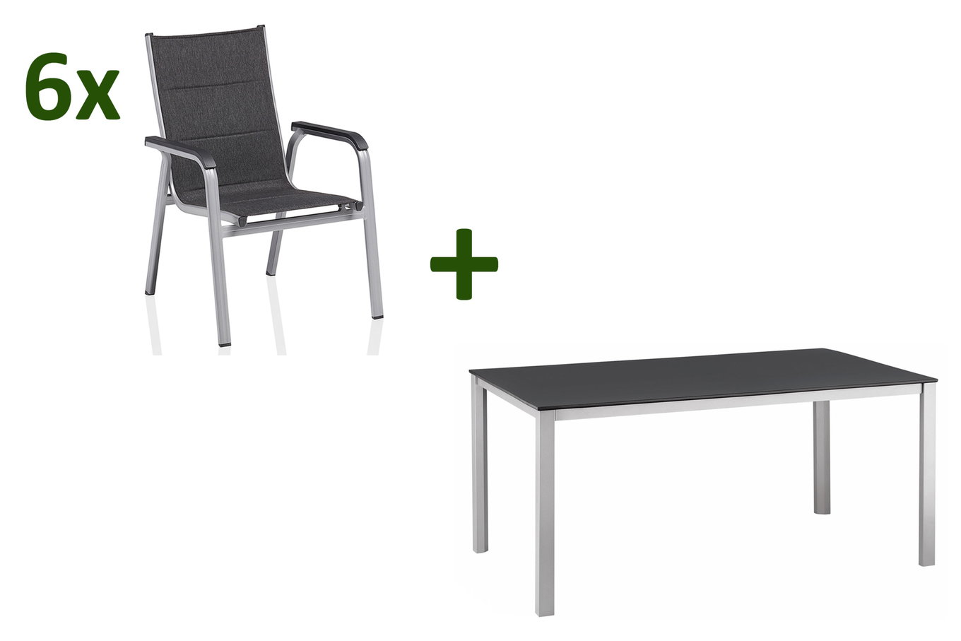 KETTLER KETTALUX-PLUS/Basic Plus Padded Grupa siedząca, srebrny/antracytowy/szary, Alu/Textilene, 160x95 cm, 6 krzeseł składanych, tapicerowane siedzisko i oparcie 22952__1