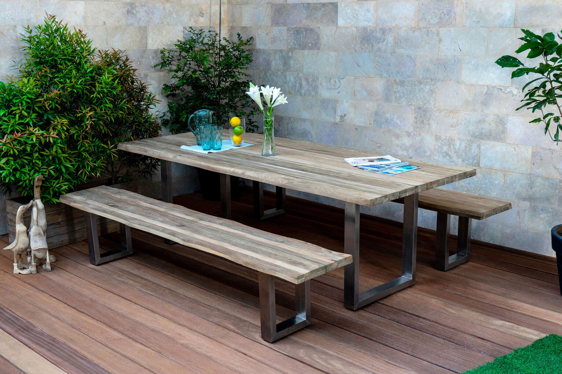OUTFLEXX Zestaw jadalny ogrodowy, srebrny/naturalny, stal nierdzewna/drewno tekowe z recyklingu, stół 240x100cm, 2x ławka 240x40cm, naturalna krawędź, produkt z certyfikatem FSC® 20619__1