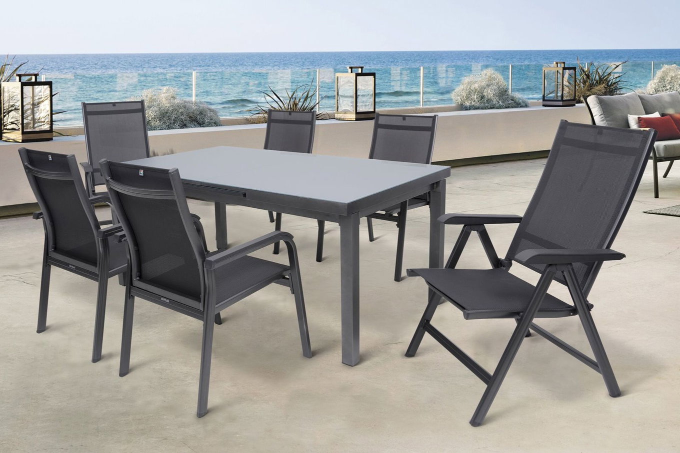 KETTLER BasicPlus Grupa ogrodowa, antracyt, Alu/Textilene, stół 180/240x100cm, 4 sztaplowane, 2 krzesła składane 19317__1