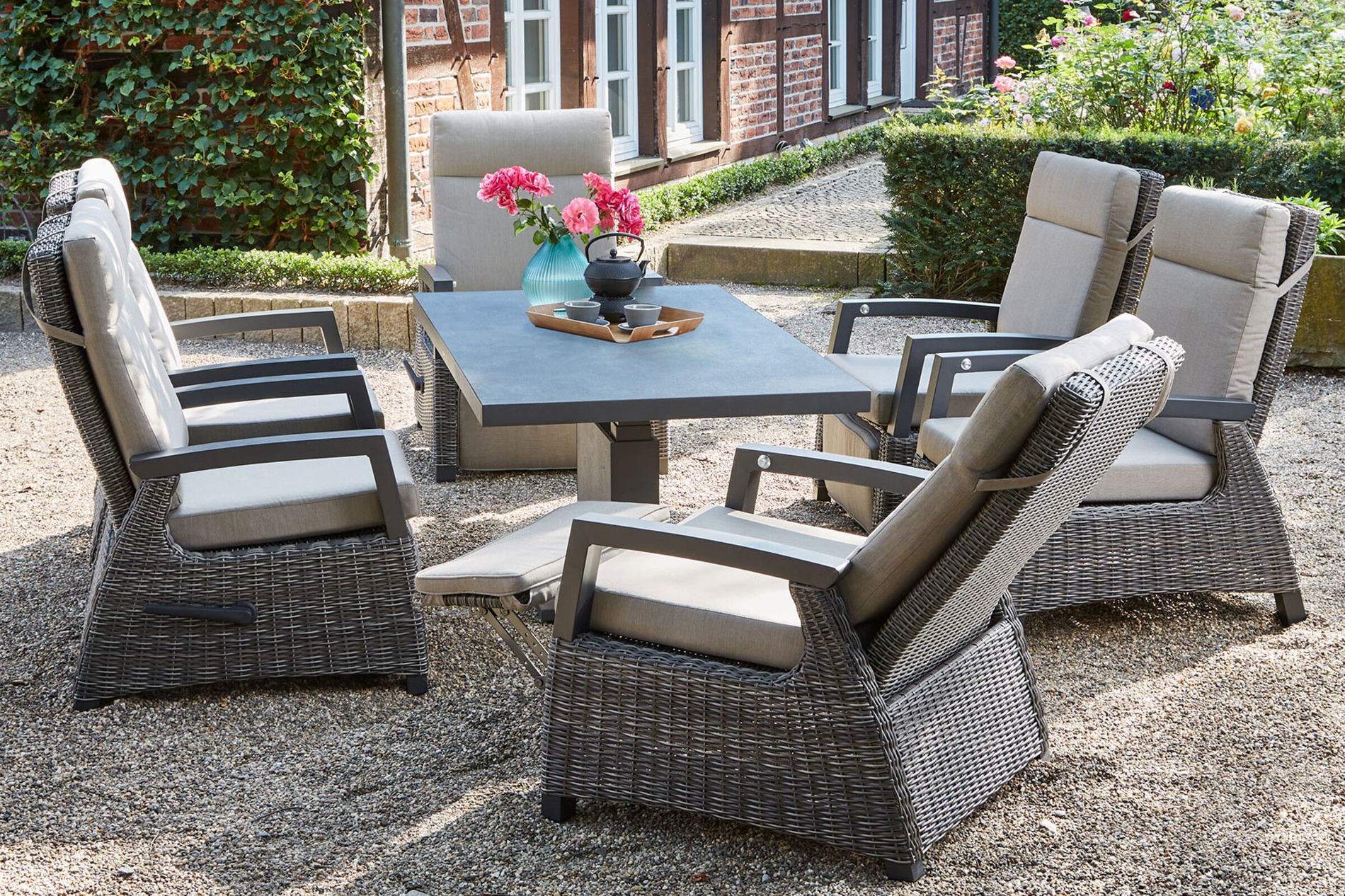 SIENA GARDEN Corido/Bellani Grau salon ogrodowy, charcoal/antracyt/szary, aluminium/plecionka Gardino®, stół z regulacją wysokości 160x90 cm, 6 foteli relaksacyjnych