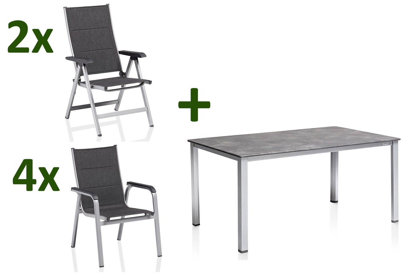 KETTLER Cubic/ Basic Plus Padded Ogrodowa grupa jadalnia, srebrny/antracytowy, aluminium/Textilene, stół 160x90 cm, 4 fotele sztaplowane, 2 krzesła składane, tapicerowane 28703__1