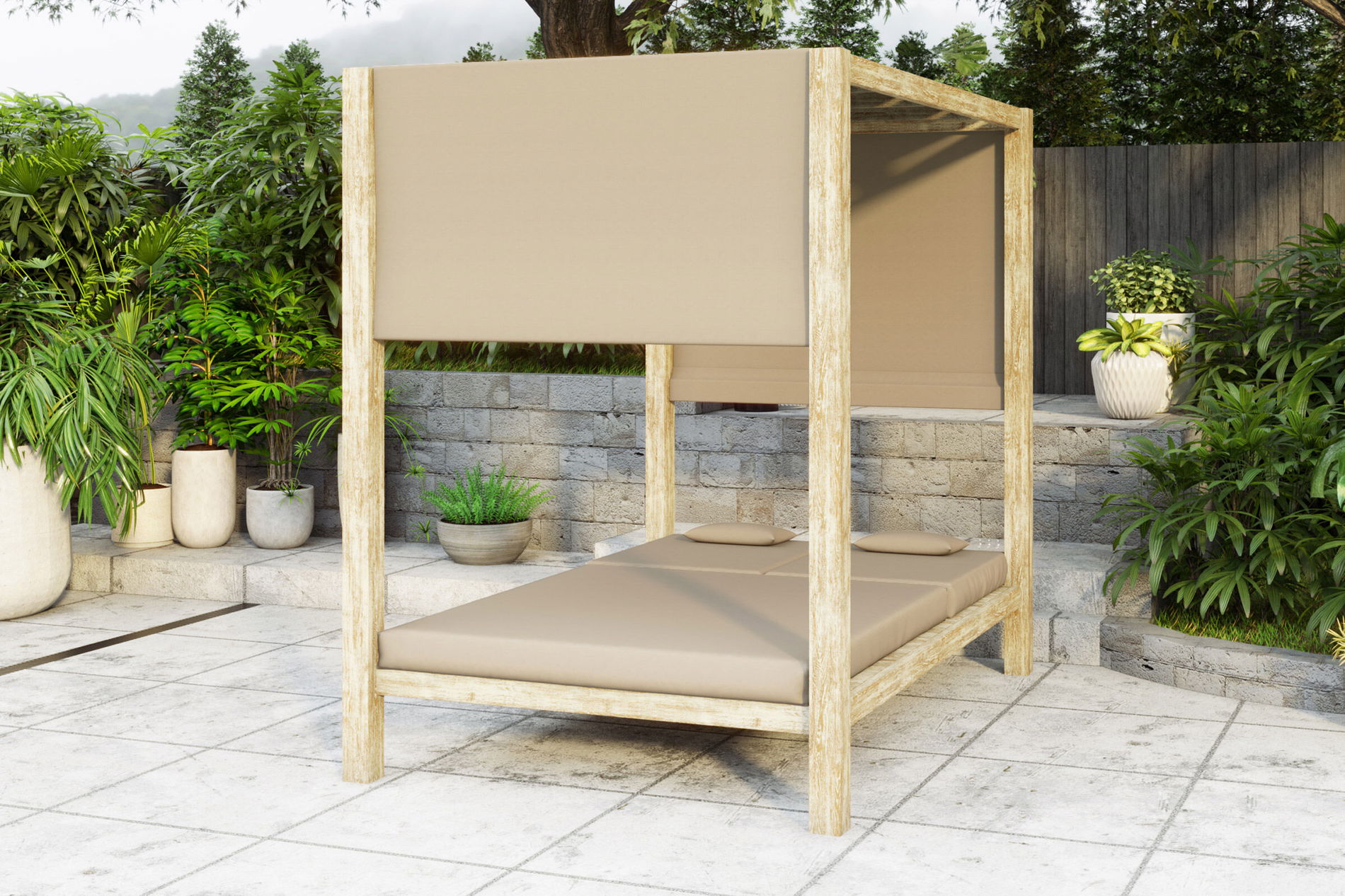 IBIZA 90's Kuta Leżak ogrodowy, greywashed/beżowy, FSC-Teak/Olefin, 200 x 140 x 190 cm