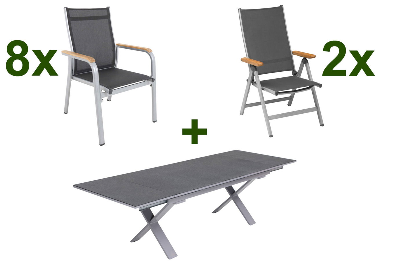 KETTLER Granada Ogrodowy zestaw jadalniany, srebrny / antracytowy, Aluminium / Spraystone / Teak, stół 180/280 x 100 cm, 8 krzeseł sztaplowanych, 2 krzesła składane 23024__1
