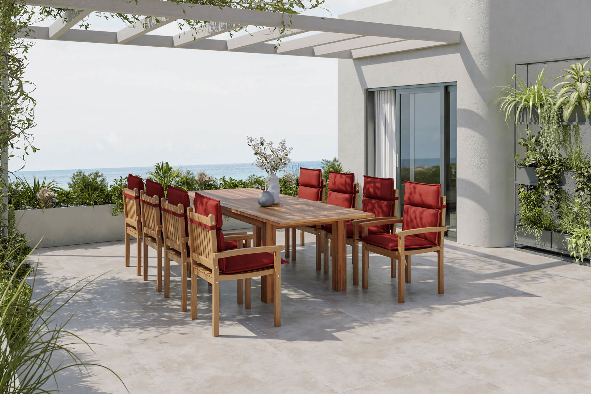 OUTFLEXX Faro Garten-Essgruppe, naturbelassen, Akazie, ausziehbarer Tisch 200/260 x 100 cm, hohe Belastbarkeit, inkl. Stuhlauflagen in bordeaux, FSC®-zertifiziertes Produkt 80582__1