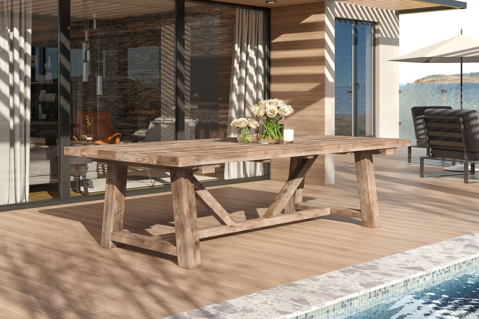 OUTFLEXX Stół jadalny XXL, naturalny, z recyclingu teak, 220x110cm, rustykalnie szczotkowany, grubość blatu 4cm, produkt certyfikowany FSC®