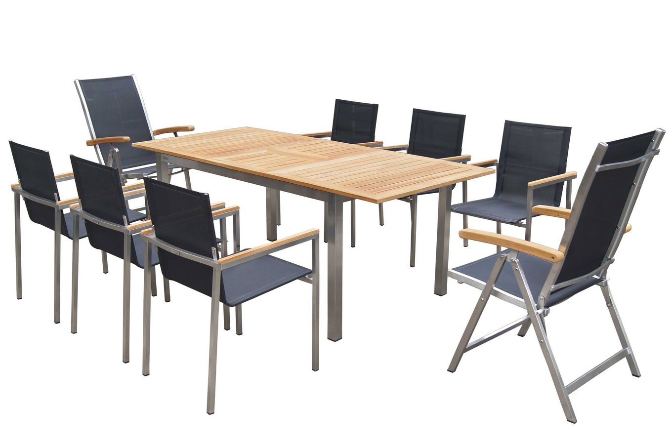 OUTFLEXX Ogrodowa grupa stołowa, czarna, 150 x 90 cm, stal nierdzewna/tek, stół rozkładany, 6 krzeseł, 2 krzesła składane 14236__1
