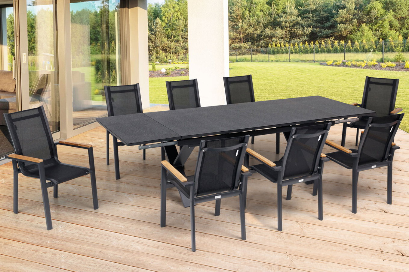 OUTFLEXX Ogrodowa grupa jadalnia, OUTFLEXX® antracyt matowy, Alu / Spraystone / Teak, Stół 180/280x100cm, 8 foteli składanych 22128__1