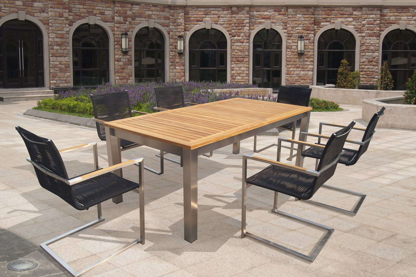 OUTFLEXX Zestaw jadalniany ogrodowy, srebrny/czarny, stal nierdzewna/teak, stół rozkładany 200-300 x 100 cm, 6 krzeseł wspornikowych, produkt z certyfikatem FSC® 18866__1