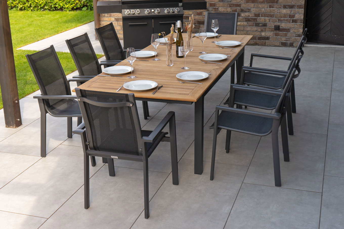 OUTFLEXX Ogrodowa grupa jadalnia, OUTFLEXX® antracyt matowy, Alu / Teak / Textil, Stół rozkładany 180/240x100cm, 8 Krzeseł sztaplowanych 22194__1