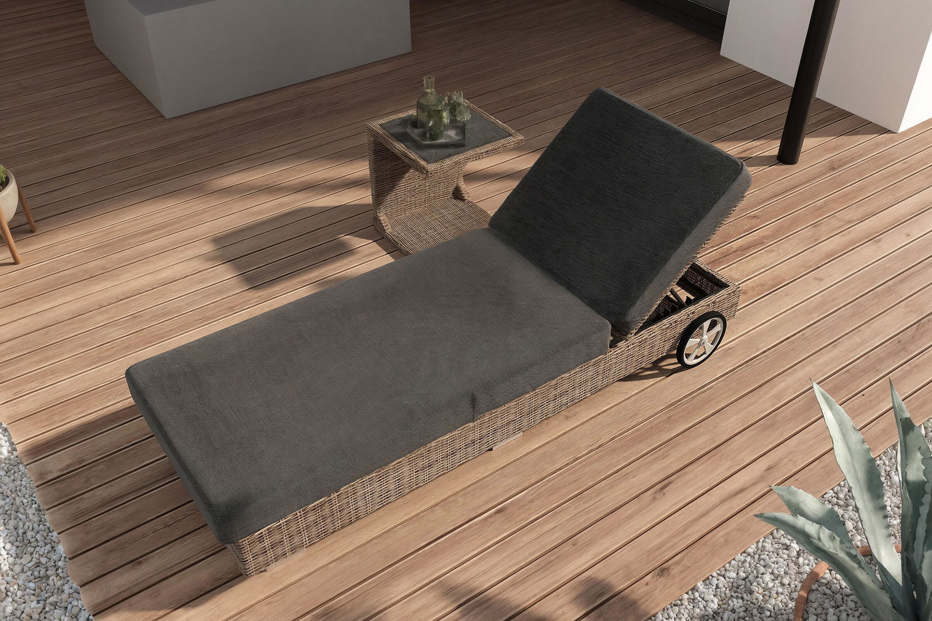 OUTFLEXX Matera Leżak ogrodowy, szary/szaro-melanżowy, Alu/Polyrattan, 200 x 70 cm, na kółkach, odporny na warunki atmosferyczne