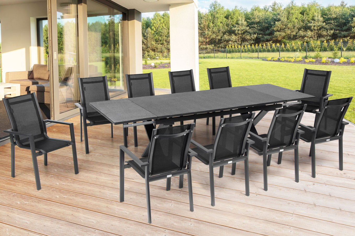 OUTFLEXX Ogrodowa grupa jadalnia, OUTFLEXX® antracyt matowy, Aluminium / Spraystone / Textil, Stół 180/280x100cm, 10 Krzeseł sztaplowanych 22138__1