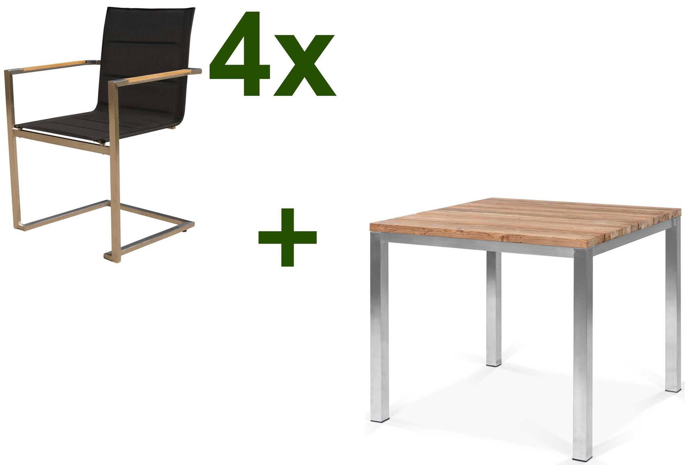 OUTFLEXX Zestaw stołowy ogrodowy, stal nierdzewna/recyclingowe drewno tekowe, stół 90 x 90 cm, 4 krzesła na płozach padded, czarne, produkt z certyfikatem FSC® 17258__1
