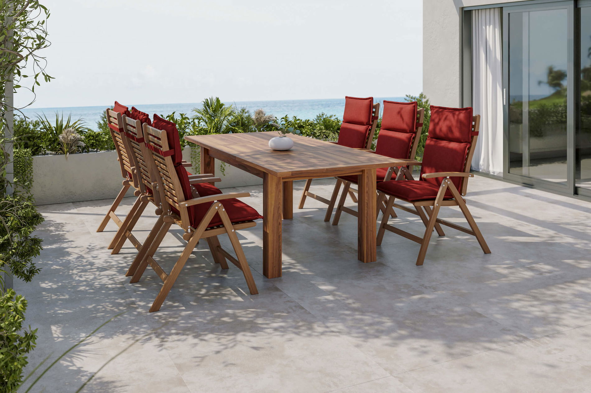 OUTFLEXX Faro Garten-Essgruppe, naturbelassen, Akazie, ausziehbarer Tisch 166/210 x 100 cm, klappbare Stühle, inkl. Stuhlauflagen in bordeaux, FSC®-zertifiziertes Produkt OUTFLEXX Faro Garten-Essgruppe, naturbelassen, Akazie, ausziehbarer Tisch 166/210 x 100 cm, klappbare Stühle, inkl. Stuhlauflagen in bordeaux, FSC®-zertifiziertes Produkt