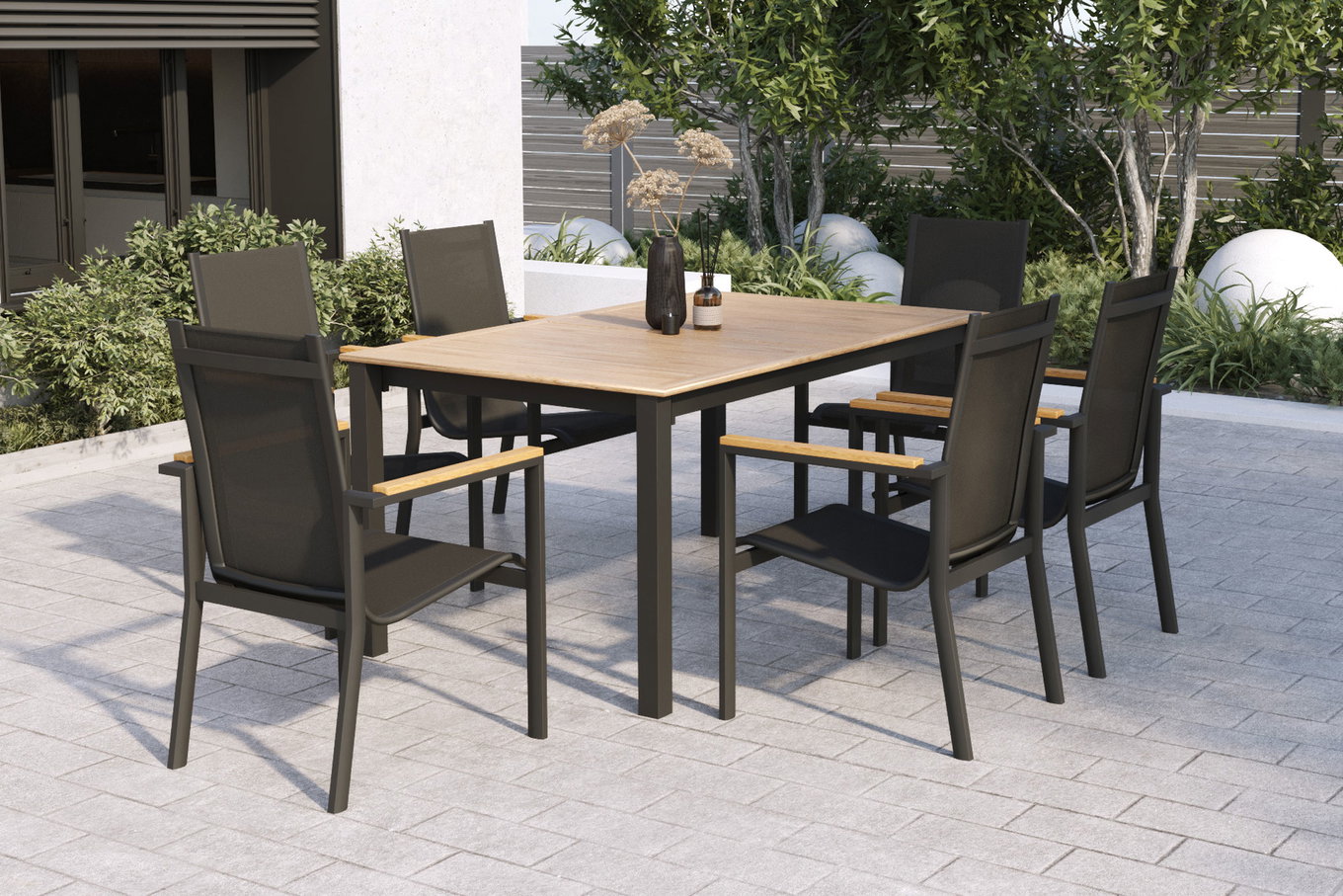 OUTFLEXX Ogrodowa grupa jadalna dla 6 osób, antracytowy mat, aluminium/textilene, stół 180/240 x 100 cm, fotele sztaplowane, produkt z certyfikatem FSC® 22187__1