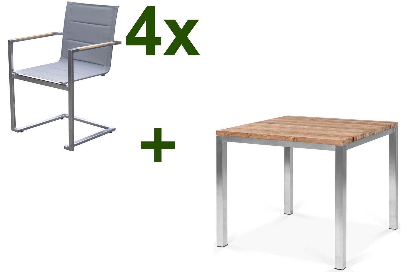 OUTFLEXX Ogrodowa grupa jadalna, stal nierdzewna/recyklingowany tek, stół 90 x 90 cm, 4 fotele wspornikowe padded, srebrne, produkt certyfikowany FSC® 17259__1