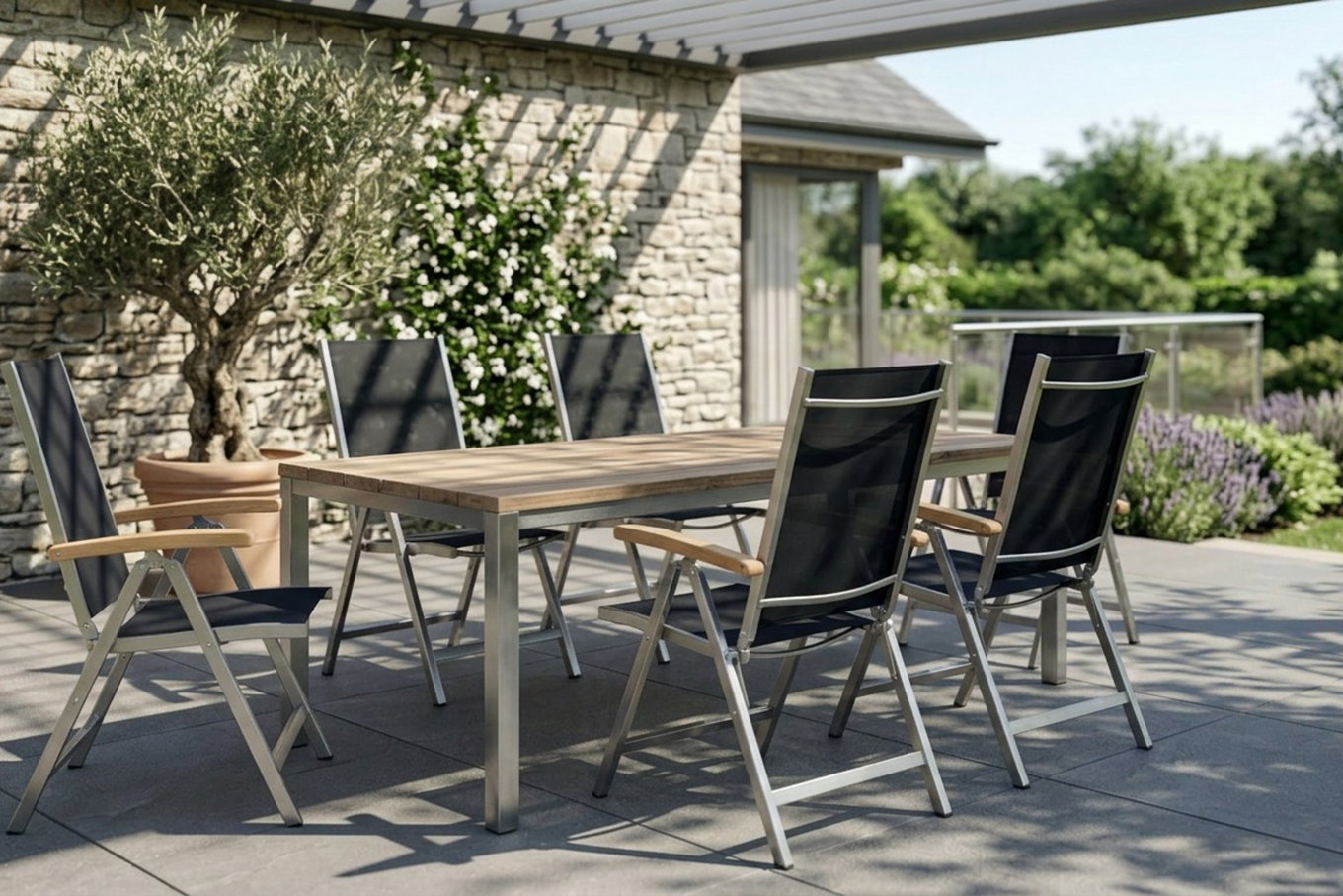 OUTFLEXX Zestaw mebli ogrodowych, stal nierdzewna/z recyklingu teak, stół 180 x 90 cm, 6 krzeseł składanych, czarne, produkt certyfikowany FSC®