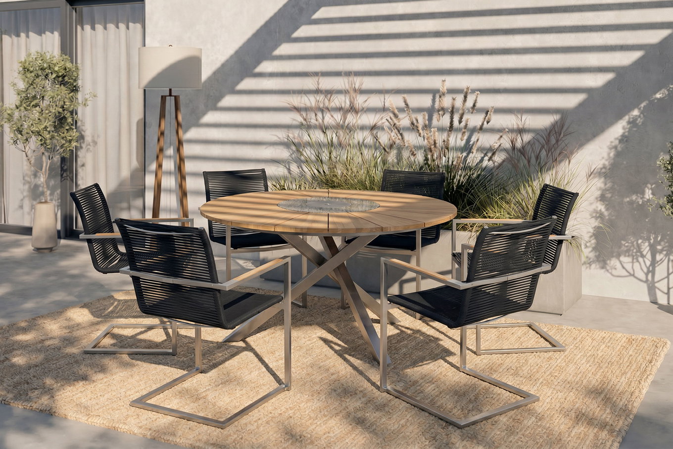 OUTFLEXX Zestaw stołowy ogrodowy, srebrny/czarny, stal nierdzewna/teak, stół jadalny Ø 170 cm, 6 krzeseł wspornikowych, produkt z certyfikatem FSC®