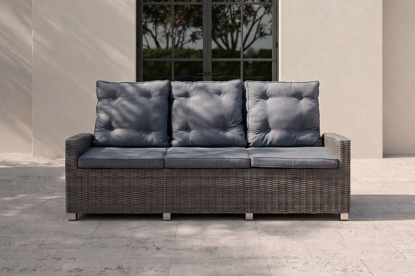 OUTFLEXX Dining Sofa 3-osobowa, szara, polirattan, 210 x 83 x 110 cm, wielopozycyjna regulacja
