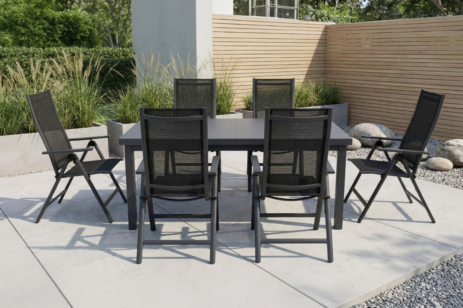 OUTFLEXX Premium grupa jadalna ogrodowa, antracyt matowy, Alu/Textilene, stół 180/240x100cm, 6 krzeseł składanych