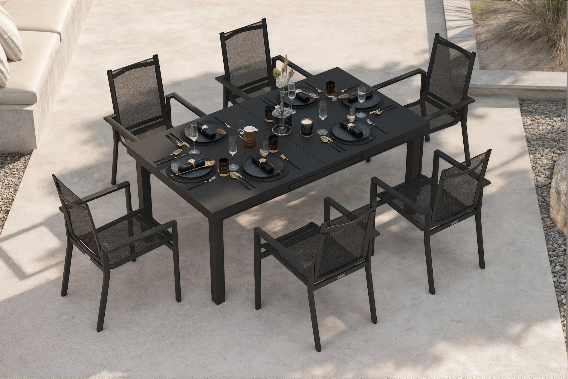 OUTFLEXX Premium Zestaw jadalny ogrodowy, OUTFLEXX® antracyt matowy, Alu/Textilene, Stół 180/240x100cm, 6 krzeseł sztaplowanych