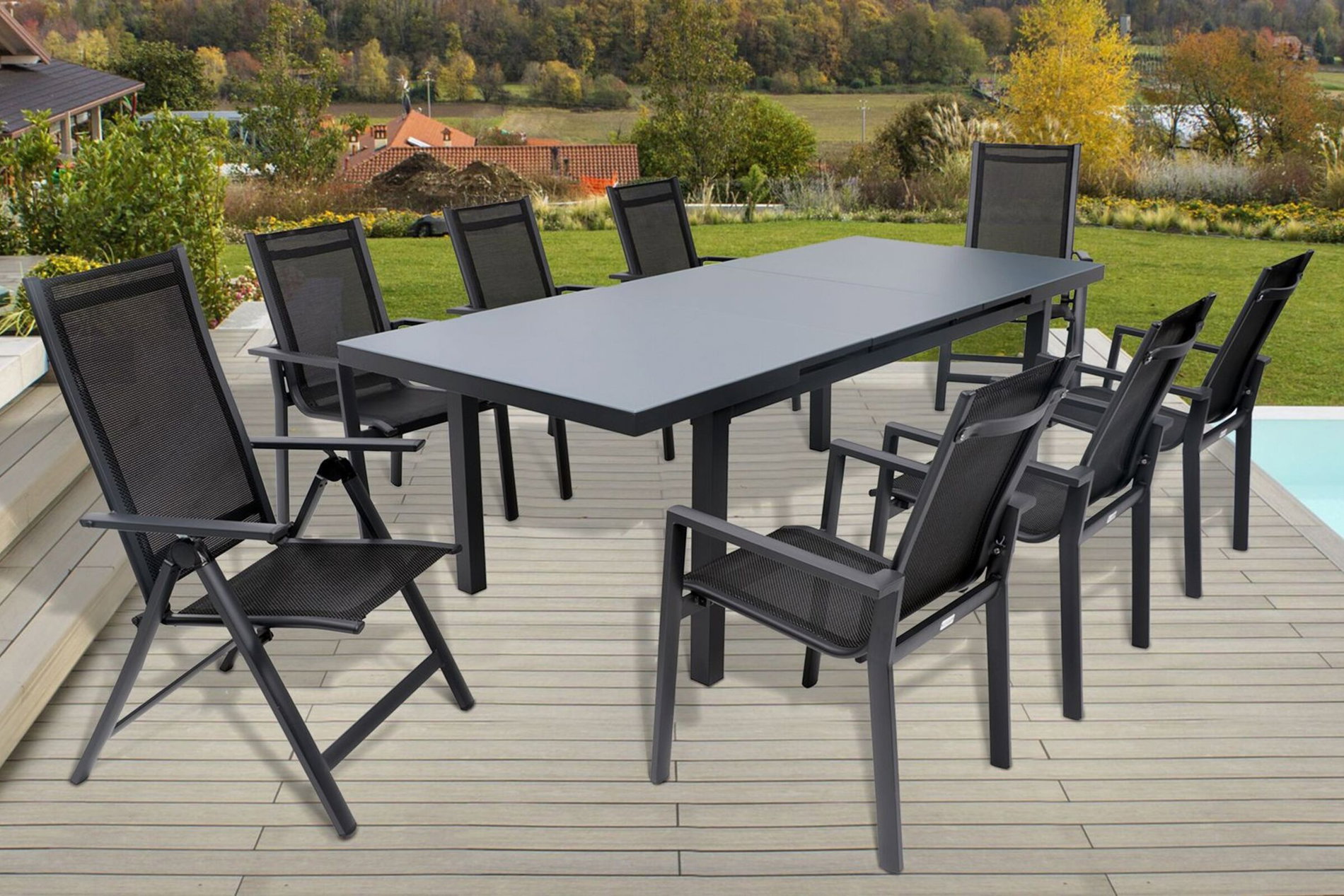 OUTFLEXX Premium ogrodowy zestaw jadalniany, OUTFLEXX® antracyt matowy, Alu/Textilene, stół 180/240x100cm, 6 foteli sztaplowanych, 2 krzesła składane OUTFLEXX Premium ogrodowy zestaw jadalniany, OUTFLEXX® antracyt matowy, Alu/Textilene, stół 180/240x100cm, 6 foteli sztaplowanych, 2 krzesła składane