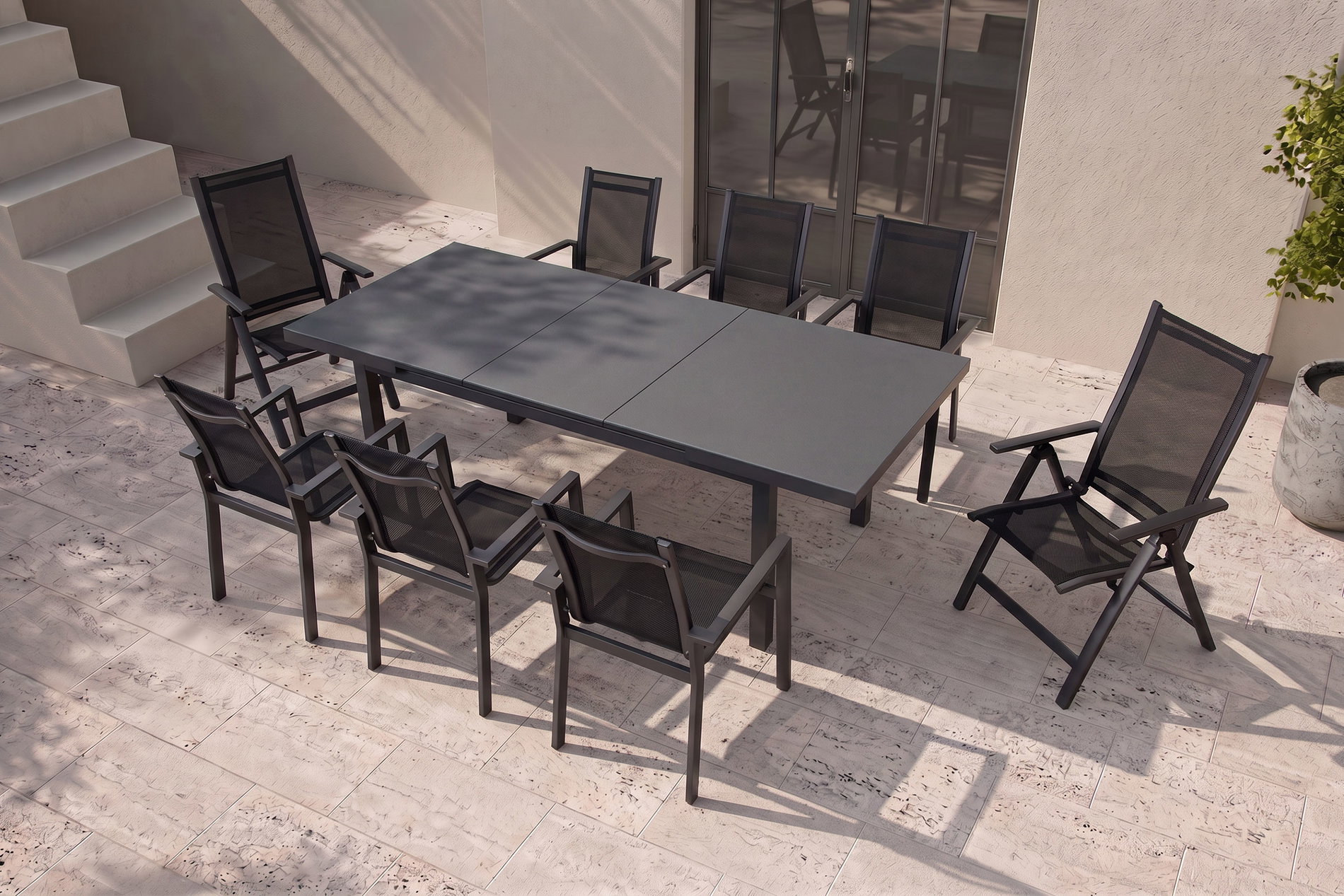 OUTFLEXX Premium ogrodowy zestaw jadalniany, OUTFLEXX® antracyt matowy, Alu/Textilene, stół 180/240x100cm, 6 foteli sztaplowanych, 2 krzesła składane
