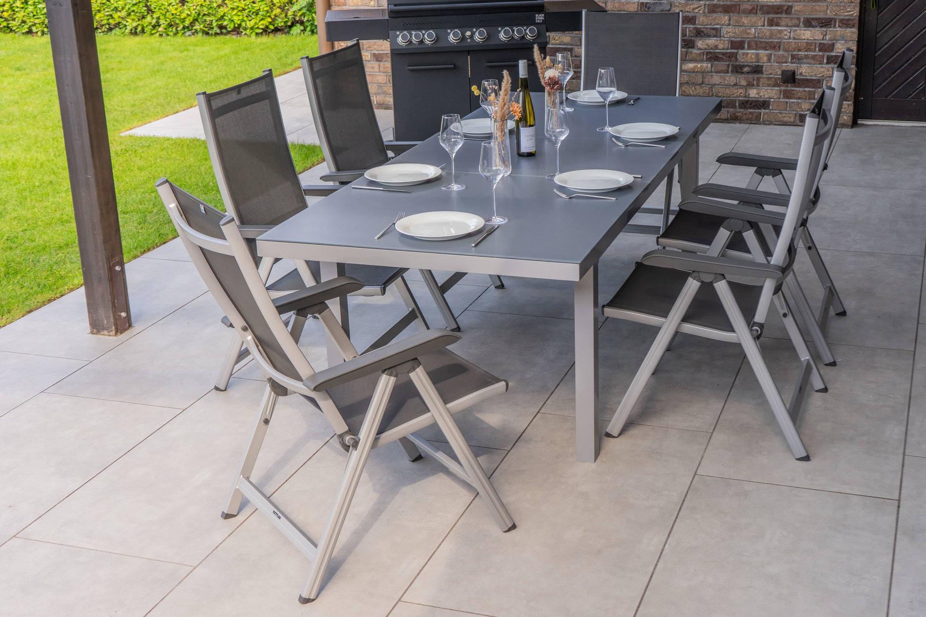 KETTLER BasicPlus Zestaw jadalny ogrodowy, srebrny, Alu/Textilene, Stół 180/240x100cm, 6 krzeseł składanych