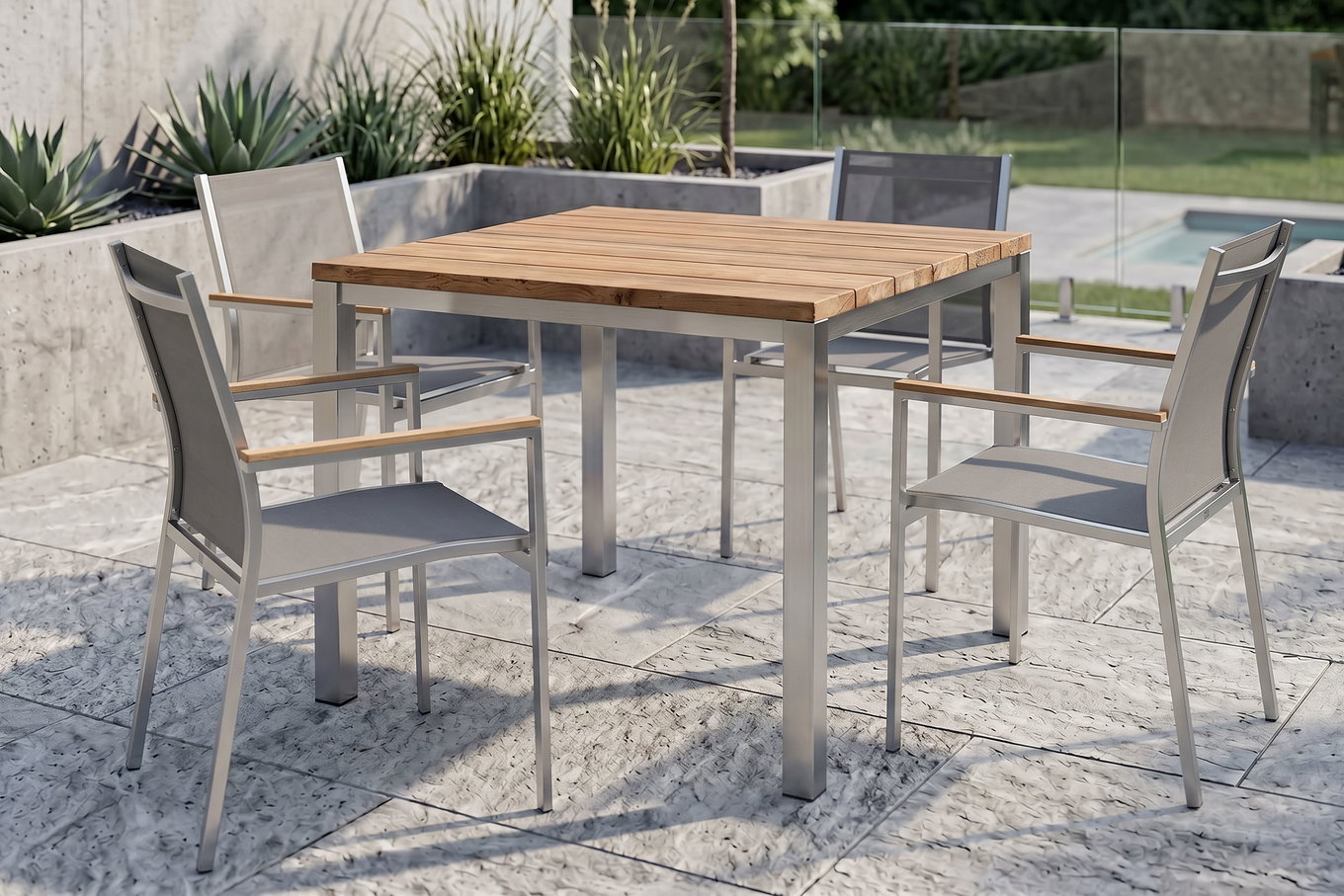 STERN Cardiff Grupa jadalna ogrodowa, srebrny/taupe, Stal nierdzewna/recyklingowany tek, Stół 90 x 90 cm, 4 krzesła sztaplowane, Produkt z certyfikatem FSC®