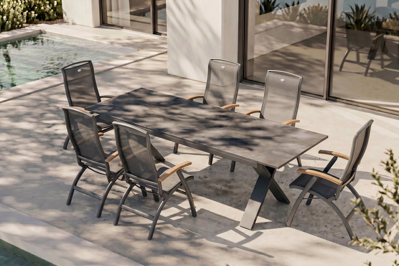 HARTMAN Sondermodell Xanadu/Da Vinci Grupa jadalnia ogrodowa, xerix/antracyt, Alu/Szkło ceramiczne, 6 krzeseł składanych, 220/280x100cm