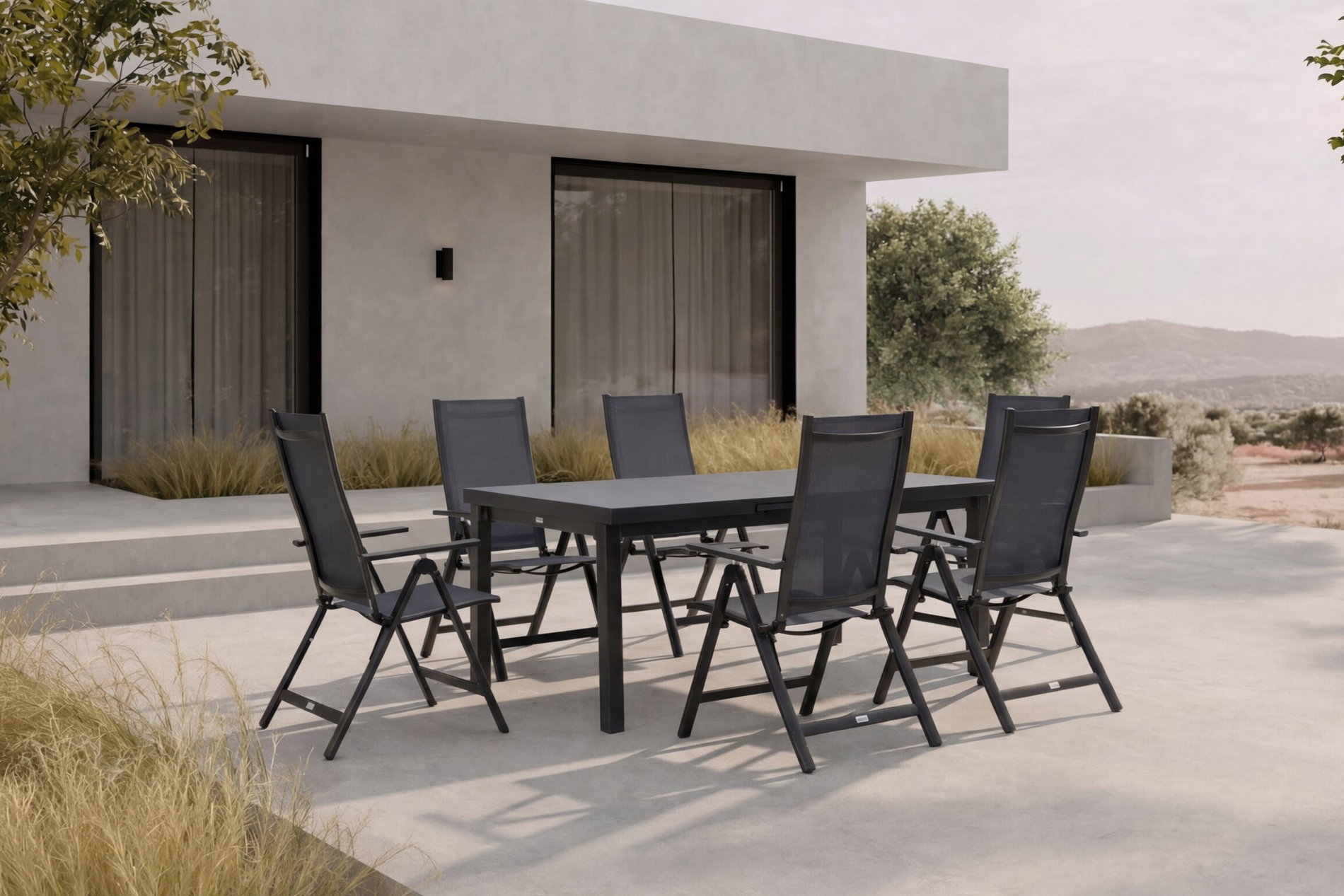 Ogrodowa grupa jadalniany Premium OUTFLEXX, antracyt/szary, Alu/Textilene, stół rozkładany 180/240x100cm, 6 krzeseł składanych Ogrodowa grupa jadalniany Premium OUTFLEXX, antracyt/szary, Alu/Textilene, stół rozkładany 180/240x100cm, 6 krzeseł składanych