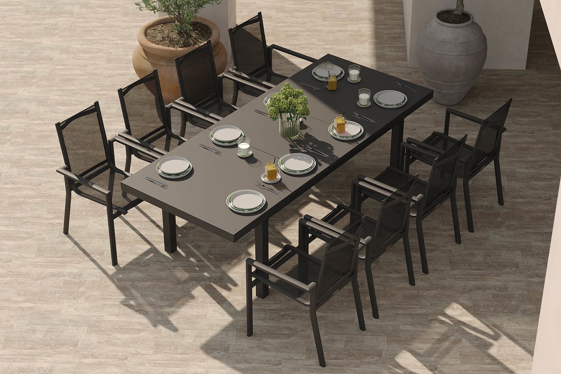 Zestaw ogrodowy OUTFLEXX Premium, antracytowy/szary, Alu/Textilene, rozkładany stół 180/240x100cm, 8 krzeseł sztaplowanych