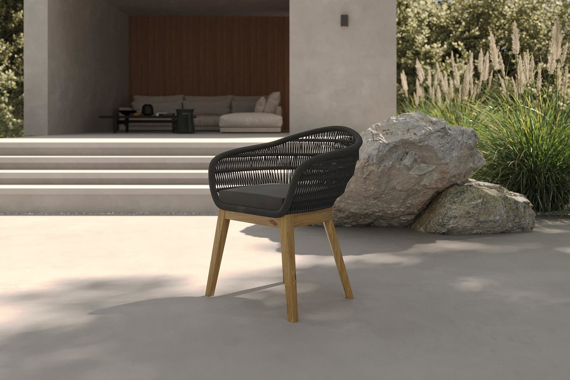 OUTFLEXX Krzesło do jadalni, naturalny/czarny, drewno tekowe/Rope, 60 x 61 x 79 cm, z poduszką, produkt certyfikowany FSC®