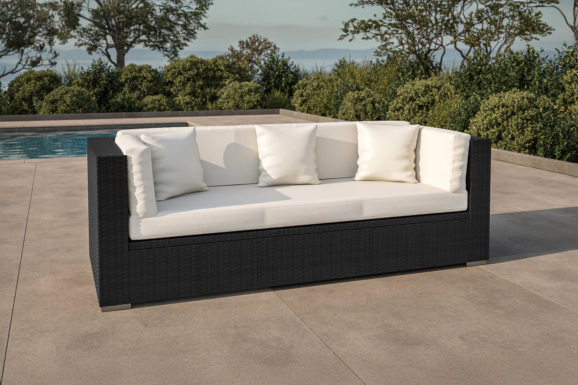 OUTFLEXX Sofa 3-osobowa, kremowo-biała, czarna, polyrattan, 210x85x70cm, w zestawie poduszki + wodoodporna skrzynia na poduszki