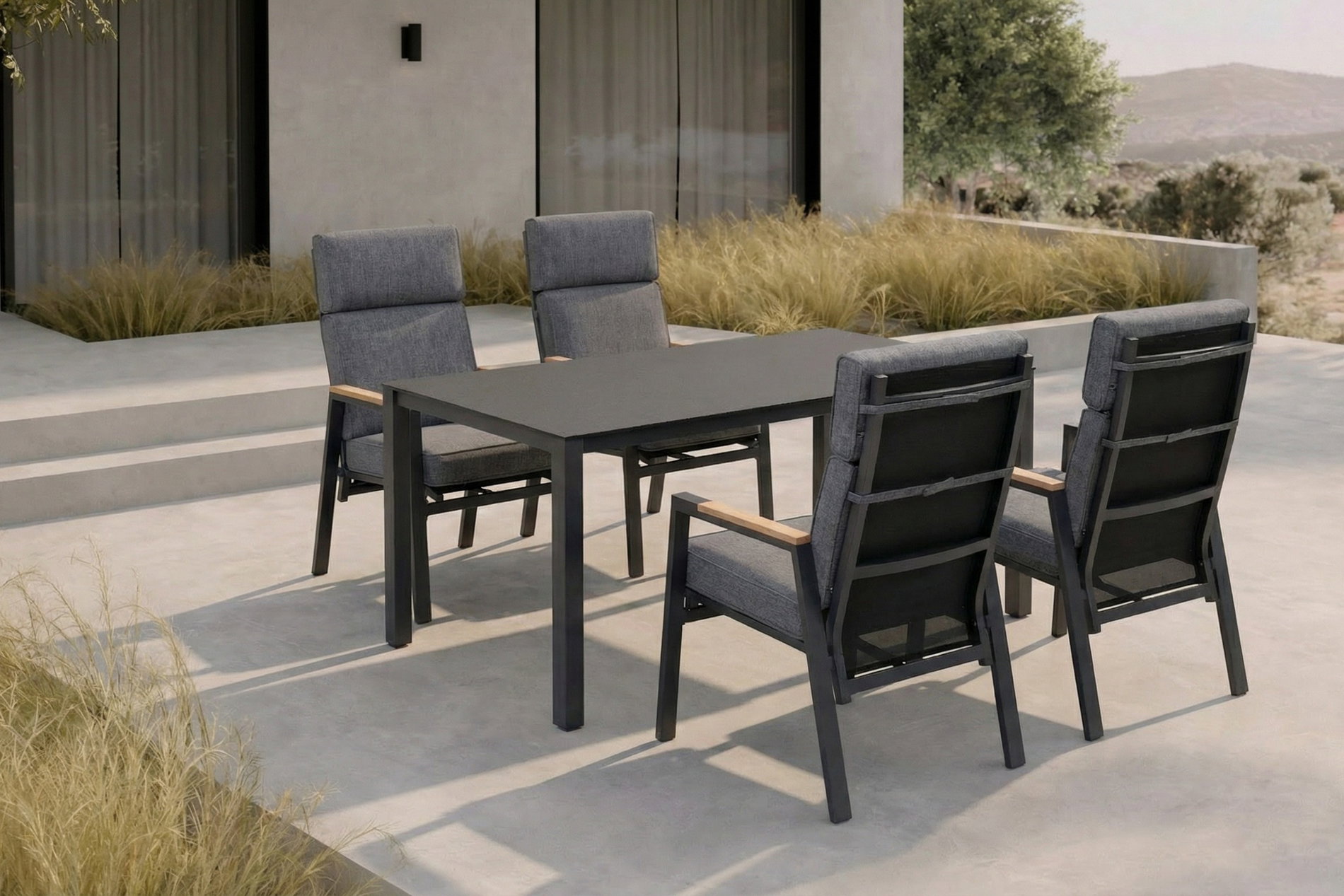 OUTFLEXX Grupa jadalna ogrodowa, antracyt matowy, Alu/Spraystone/Poliester, 160x95 cm, 4 fotele, w zestawie poduszki