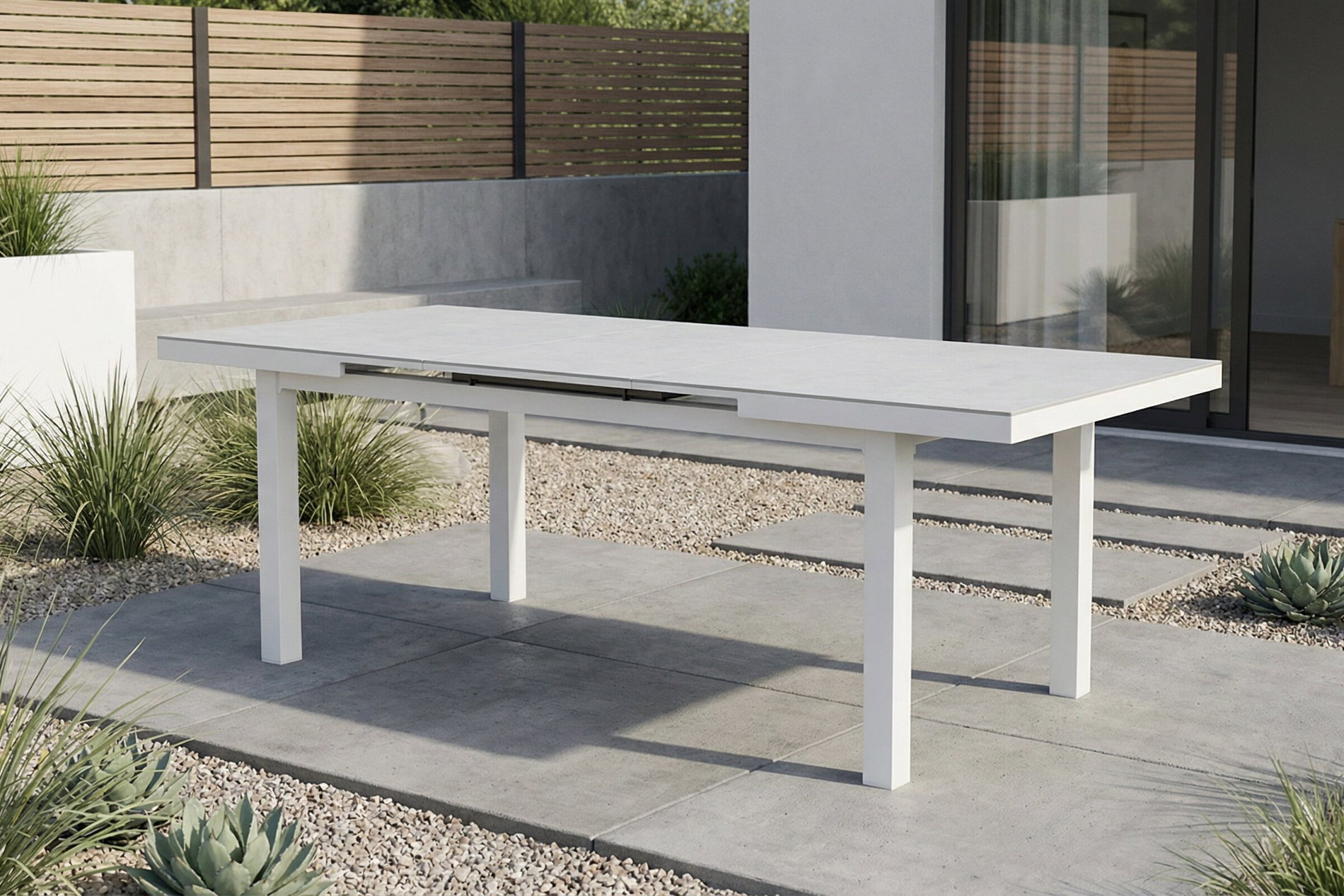 OUTFLEXX Premium Stół rozkładany, biały, aluminium/szkło, 180/240 x 100 cm, odporny na warunki atmosferyczne, wysoka wytrzymałość