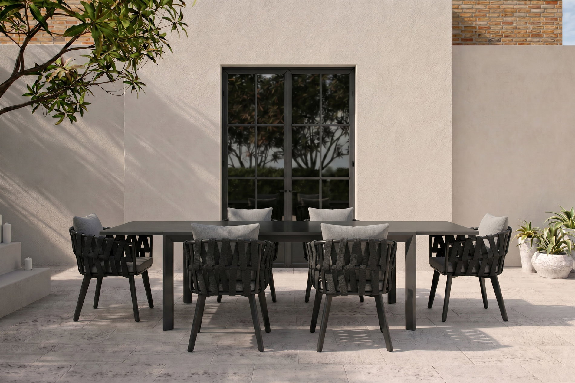 Ogrodowy zestaw jadalny OUTFLEXX, antracyt, aluminium/ceramika szklana, stół rozkładany, 6 foteli Ogrodowy zestaw jadalny OUTFLEXX, antracyt, aluminium/ceramika szklana, stół rozkładany, 6 foteli